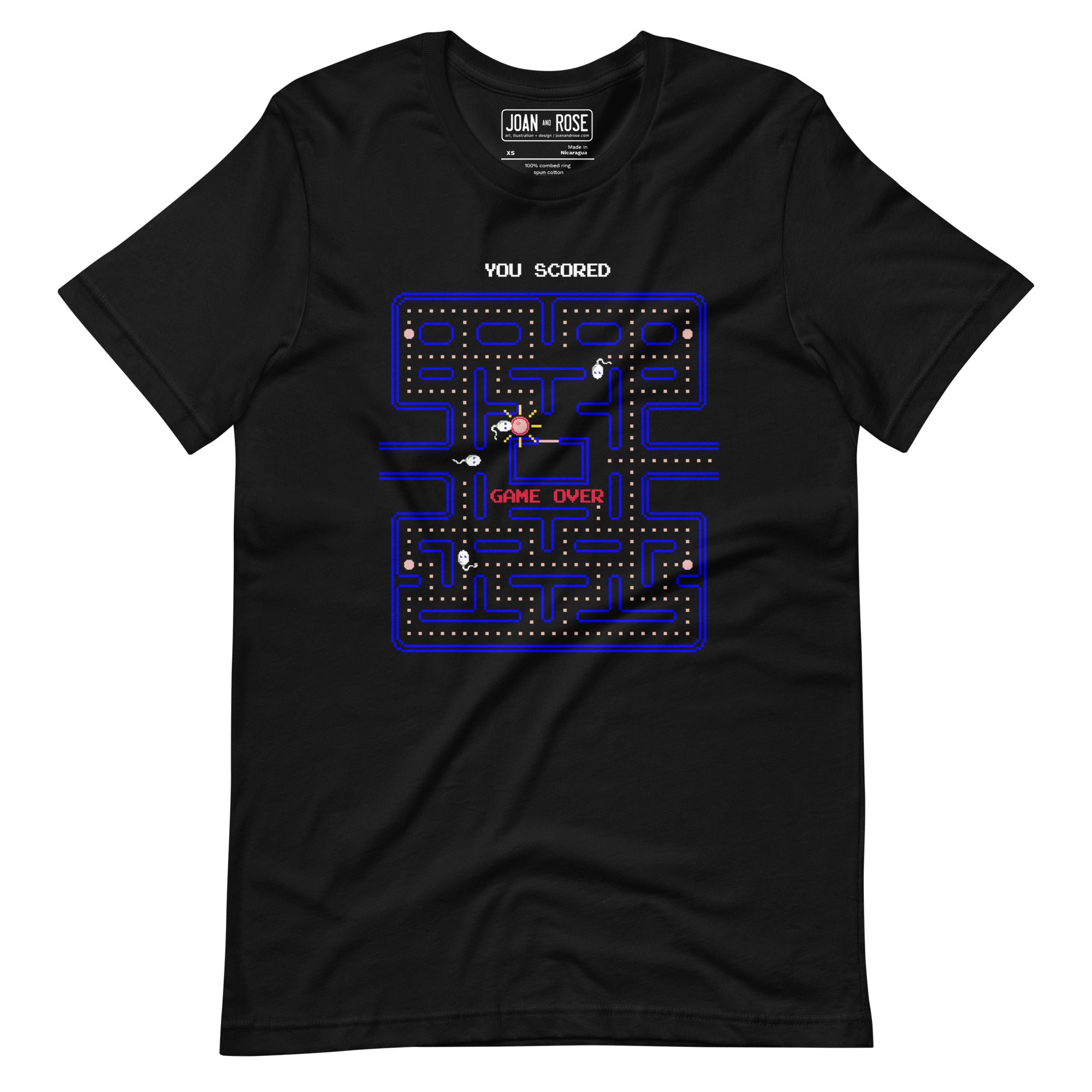 black t-shirt with parody pacman 8 bit graphic. Ghosts are sperms and pacman character is a females egg. A sperm has caught the egg and the text You Scored, Game Over appears over the image